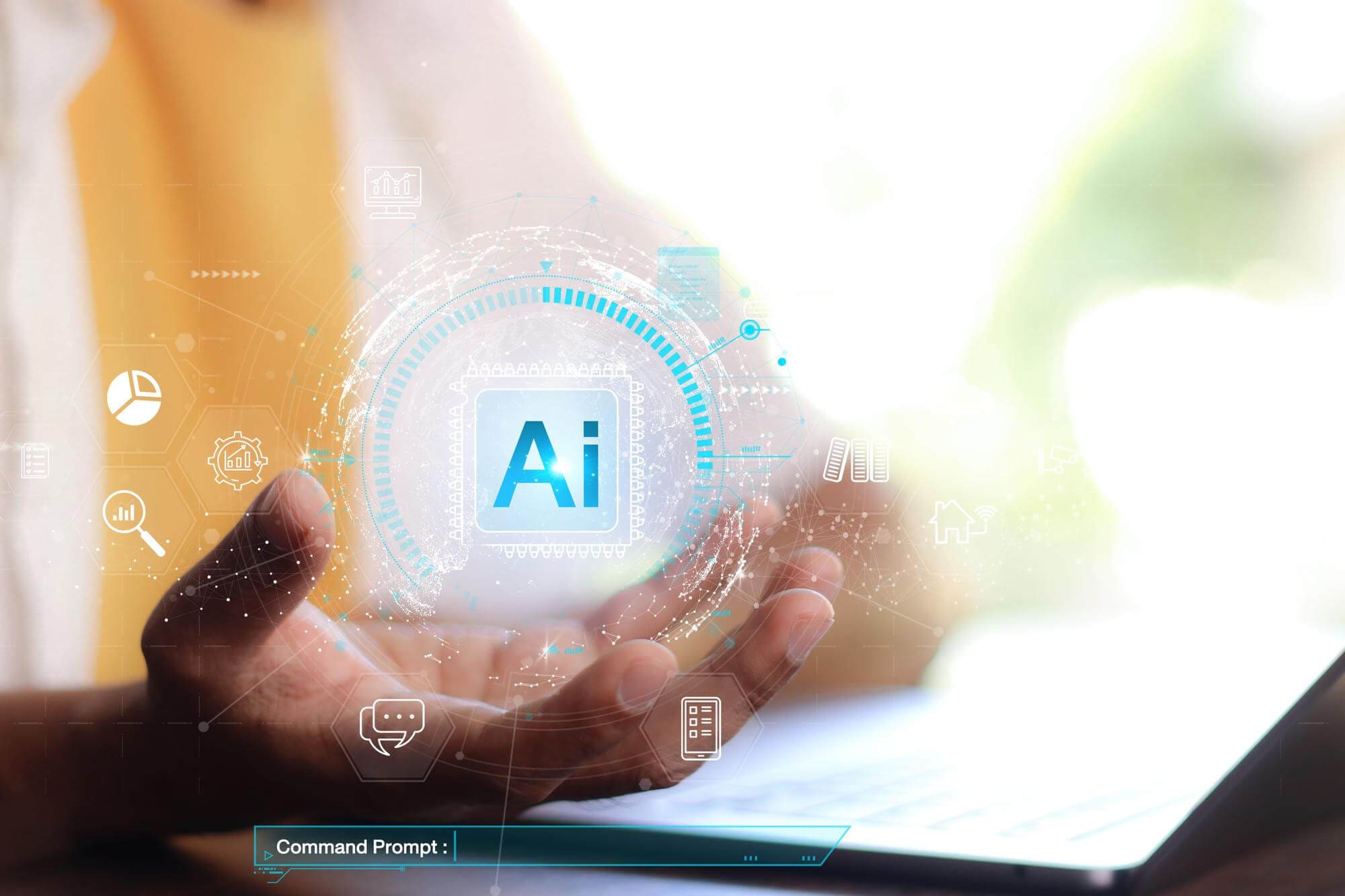 AI assistant graphics floating above an open hand, representing AI in learning and development